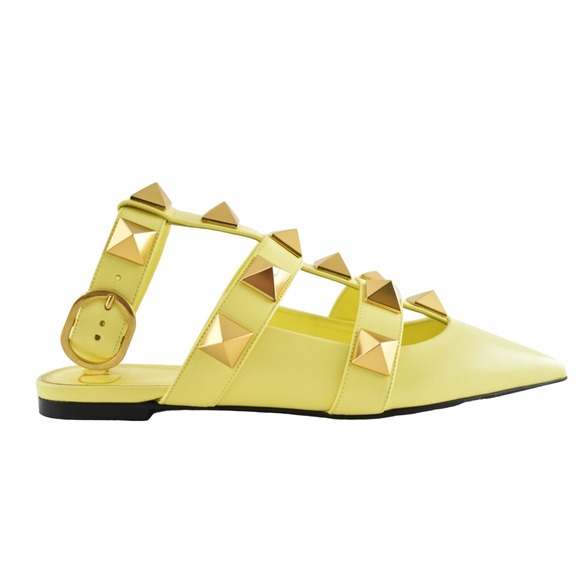 Valentino Rockstud Roman Stud Lime Yellow Ankle Strap Ballet Ballerina Flat 36 - Picture 2 of 12